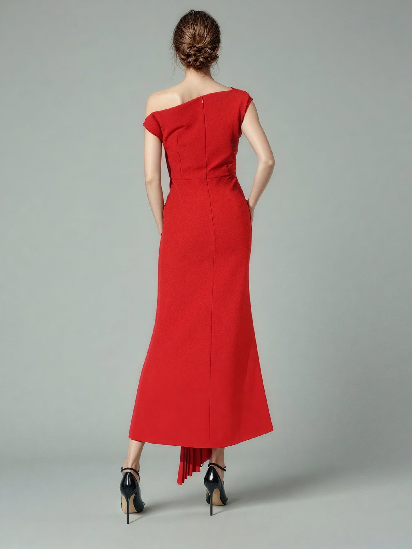 Stunning One - Shoulder Pleated Red Maxi Dress - SISPELL
