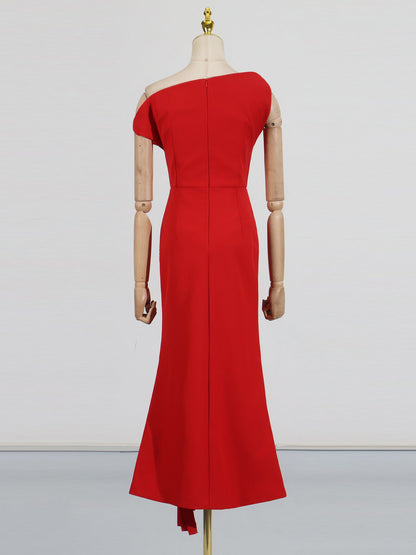 Stunning One - Shoulder Pleated Red Maxi Dress - SISPELL