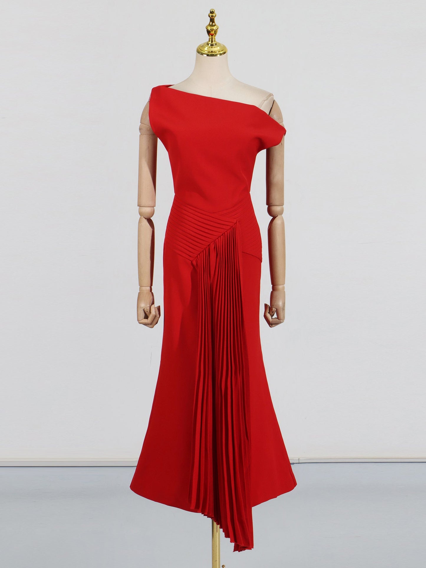 Stunning One - Shoulder Pleated Red Maxi Dress - SISPELL