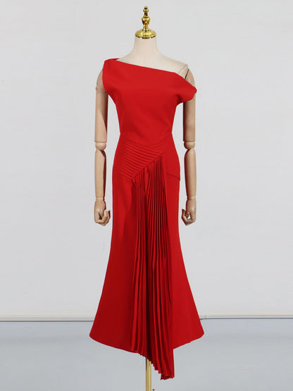 Stunning One - Shoulder Pleated Red Maxi Dress - SISPELL