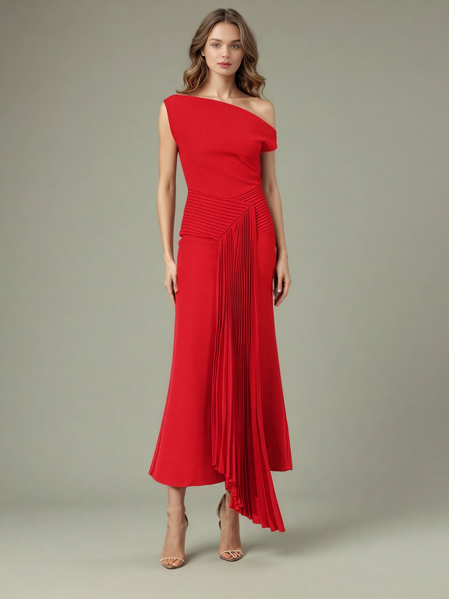 Stunning One - Shoulder Pleated Red Maxi Dress - SISPELL
