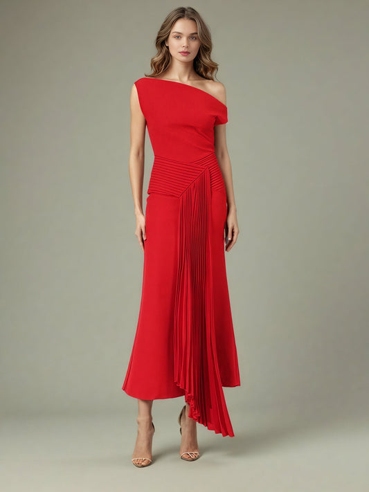 Stunning One - Shoulder Pleated Red Maxi Dress - SISPELL