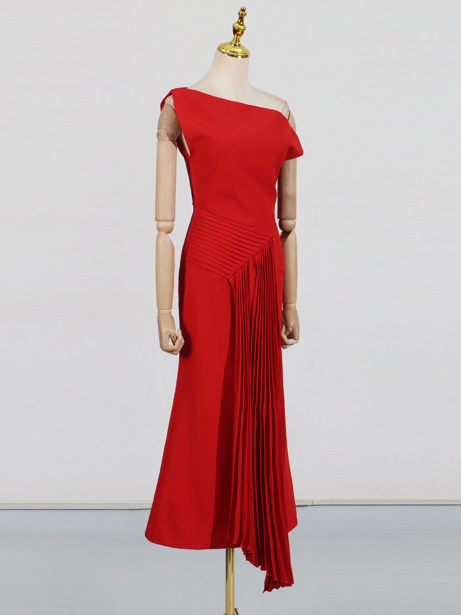 Stunning One - Shoulder Pleated Red Maxi Dress - SISPELL