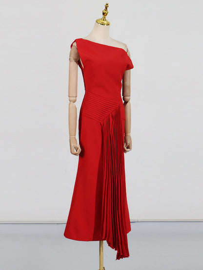 Stunning One - Shoulder Pleated Red Maxi Dress - SISPELL