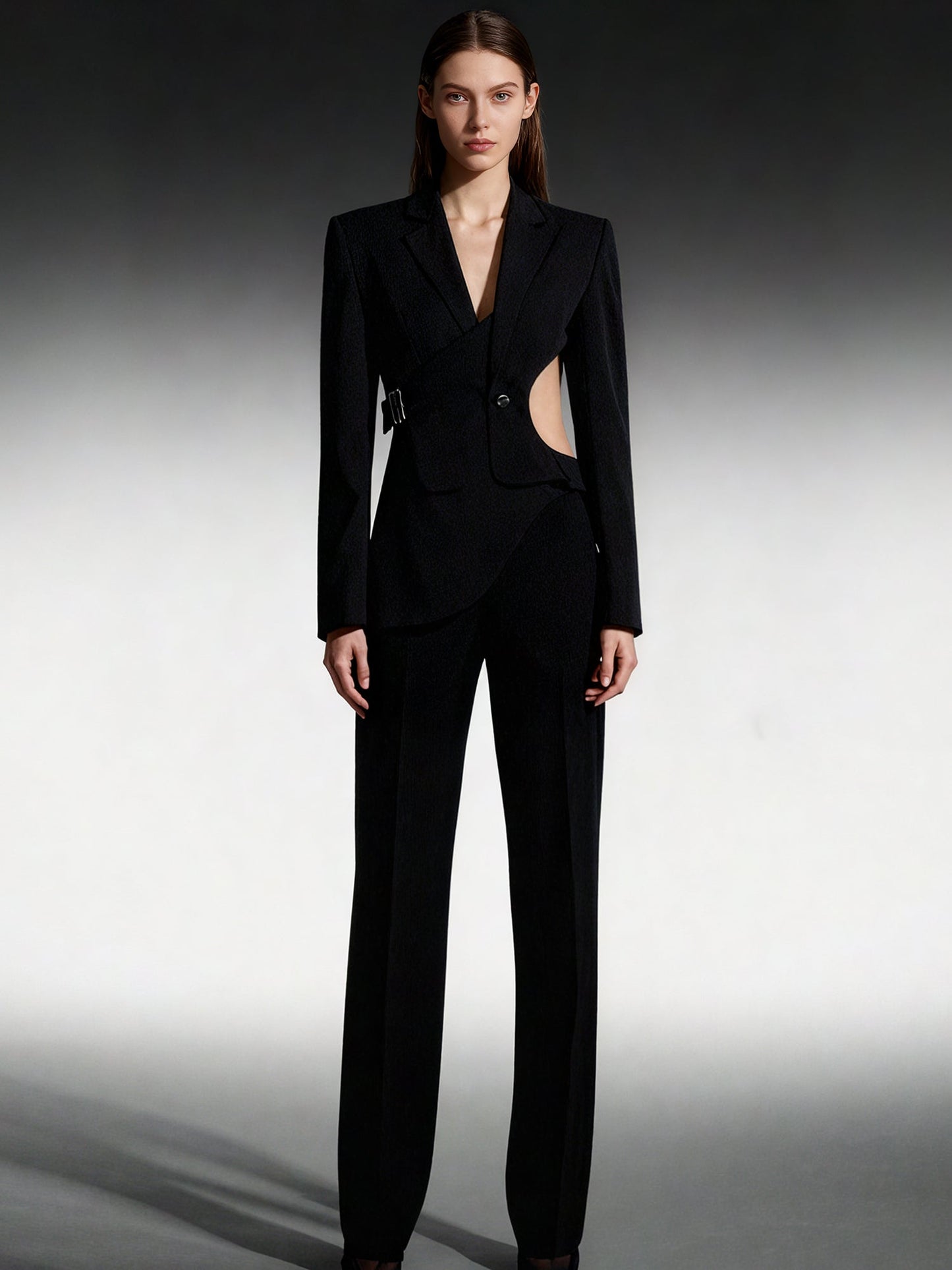 Stylish Black Cut - out Asymmetric Blazer with Belt - SISPELL