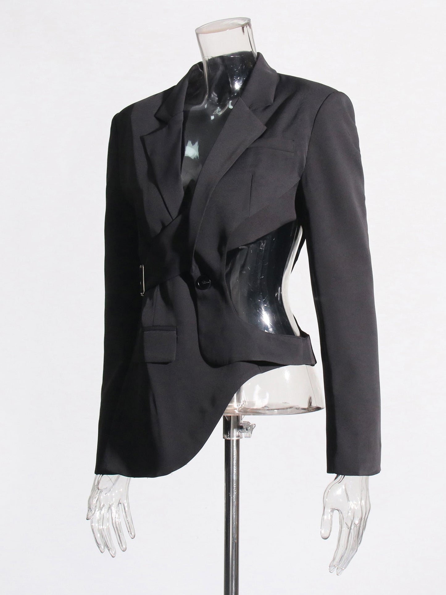 Stylish Black Cut - out Asymmetric Blazer with Belt - SISPELL