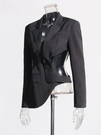 Stylish Black Cut - out Asymmetric Blazer with Belt - SISPELL