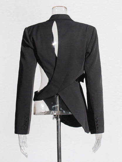 Stylish Black Cut - out Asymmetric Blazer with Belt - SISPELL