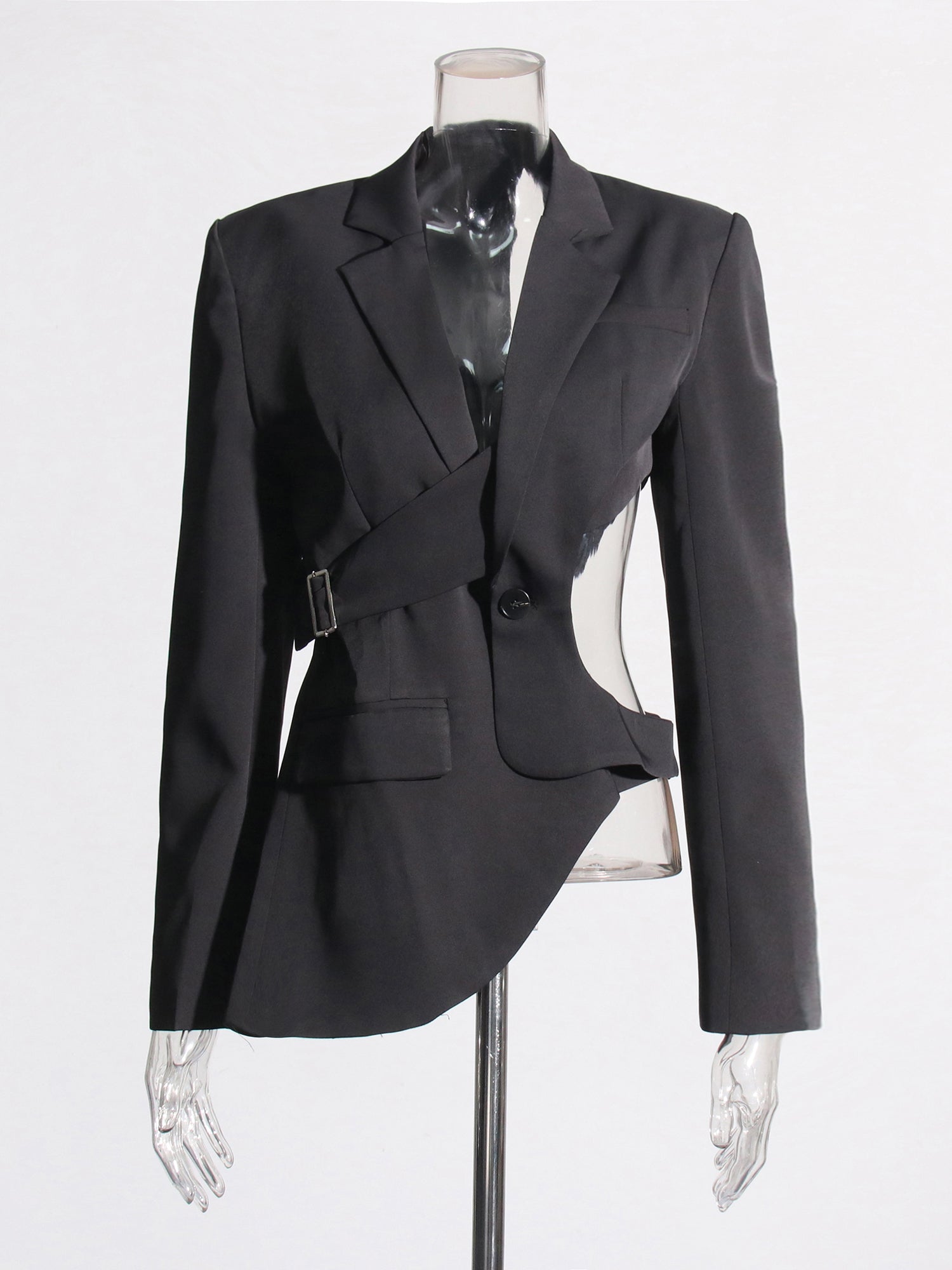 Stylish Black Cut - out Asymmetric Blazer with Belt - SISPELL