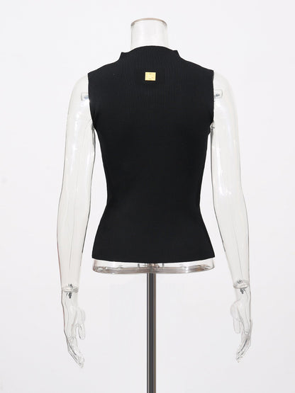 Stylish Black Sleeveless Top with Gold Keyhole Embellishment - SISPELL