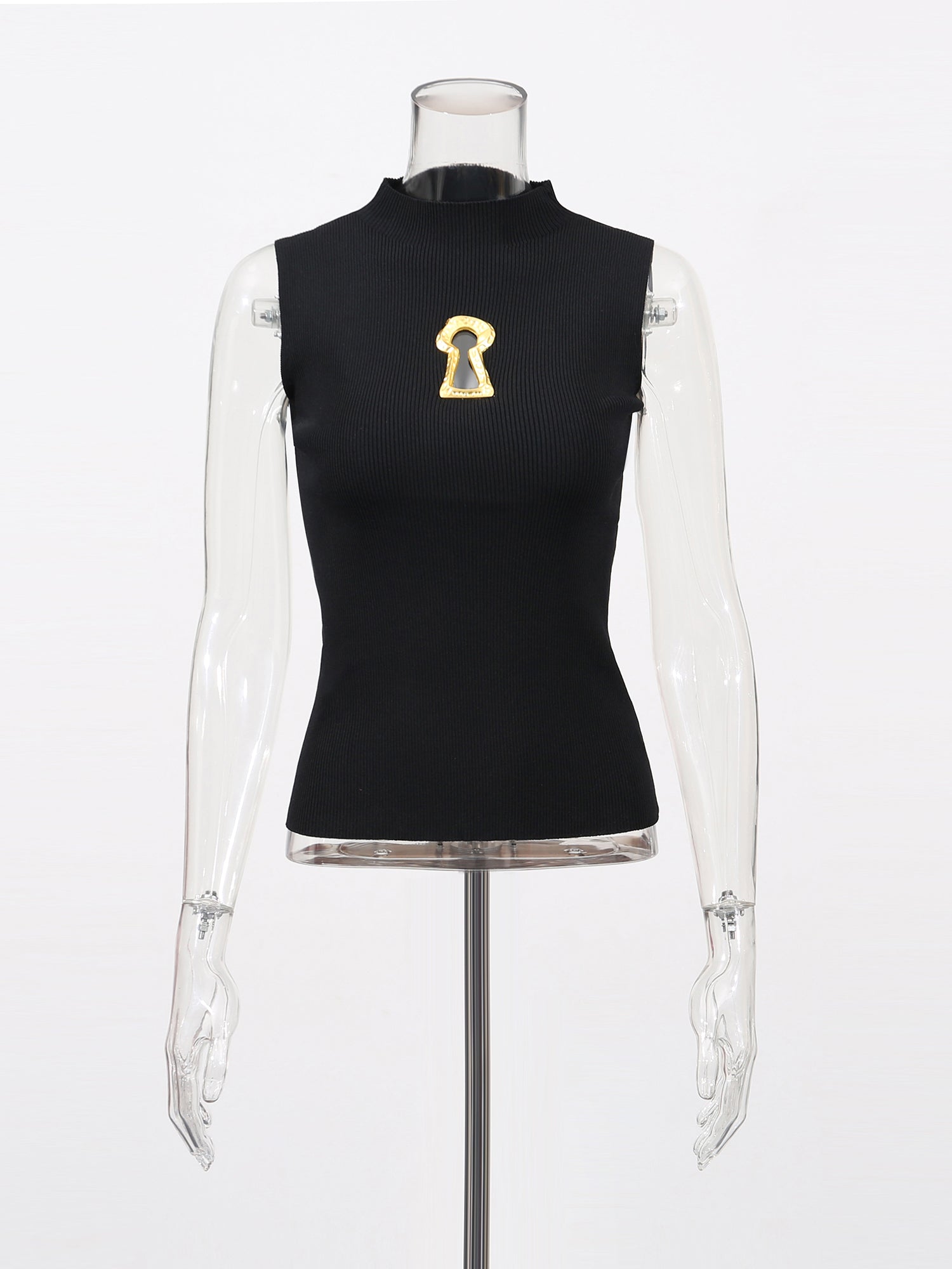 Stylish Black Sleeveless Top with Gold Keyhole Embellishment - SISPELL