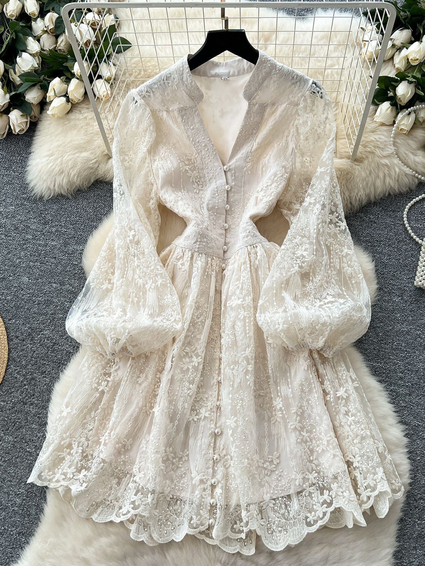 V - neck Solid Patchwork Mesh Short Dress - SISPELL