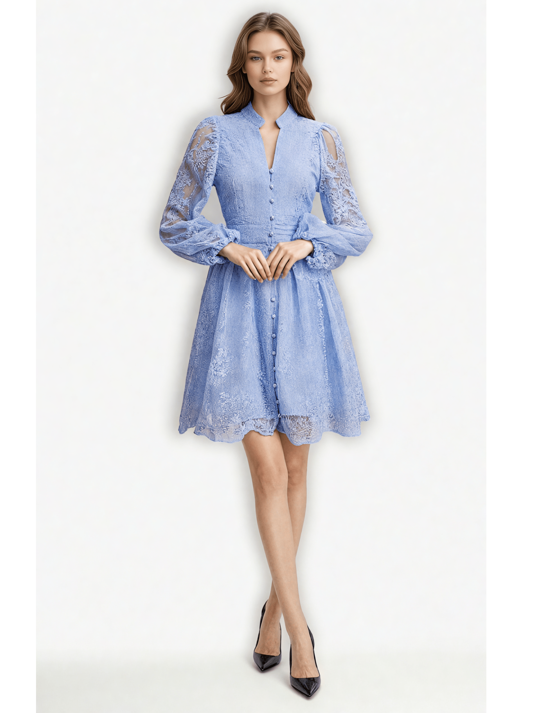 V - neck Solid Patchwork Mesh Short Dress - SISPELL