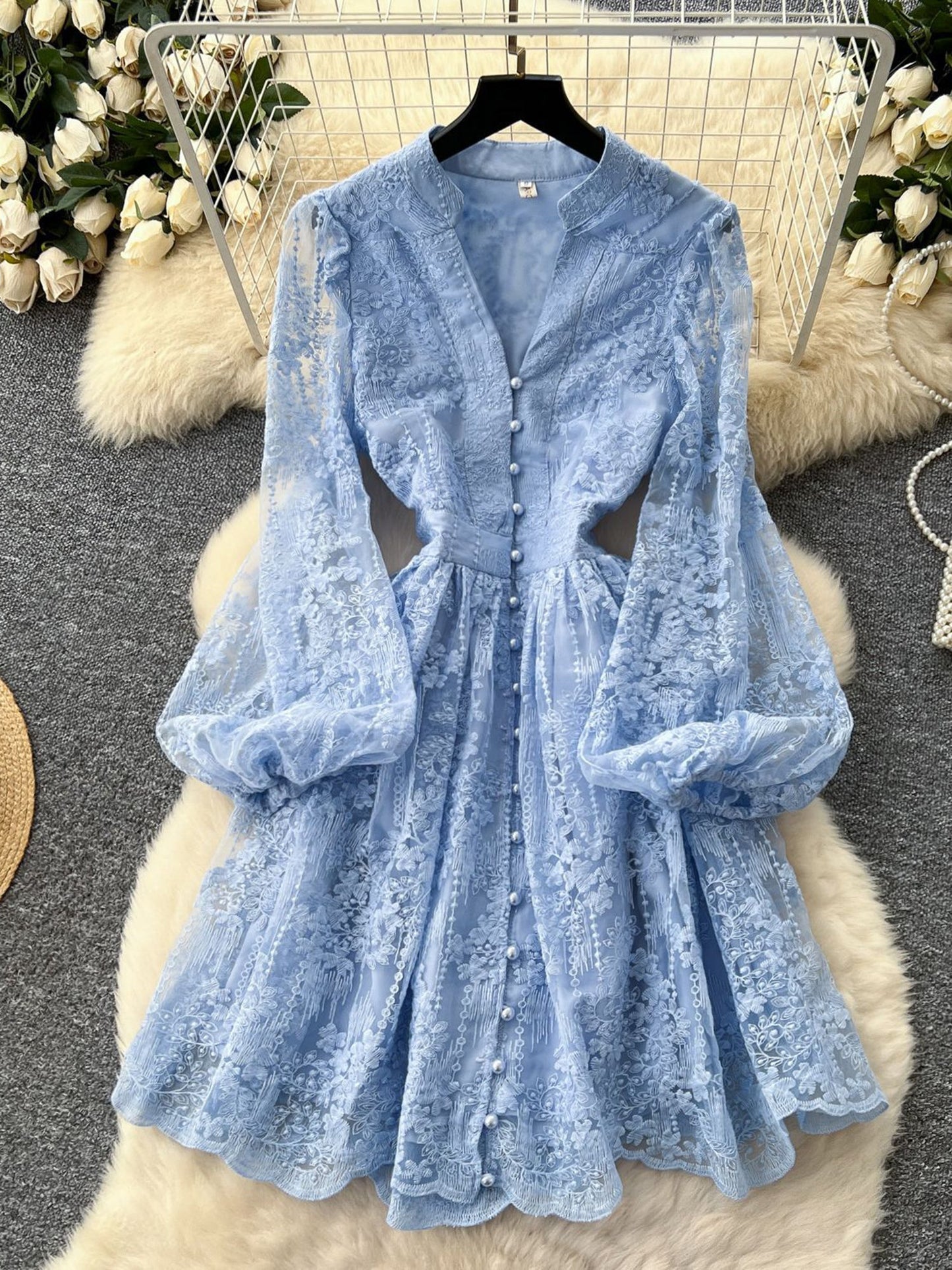 V - neck Solid Patchwork Mesh Short Dress - SISPELL