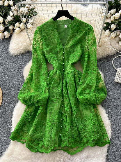 V - neck Solid Patchwork Mesh Short Dress - SISPELL