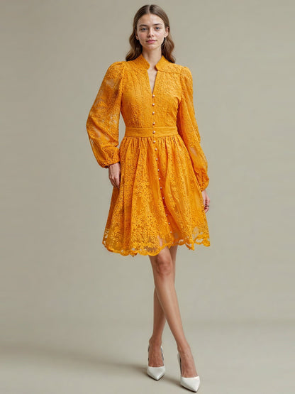 V - neck Solid Patchwork Mesh Short Dress - SISPELL