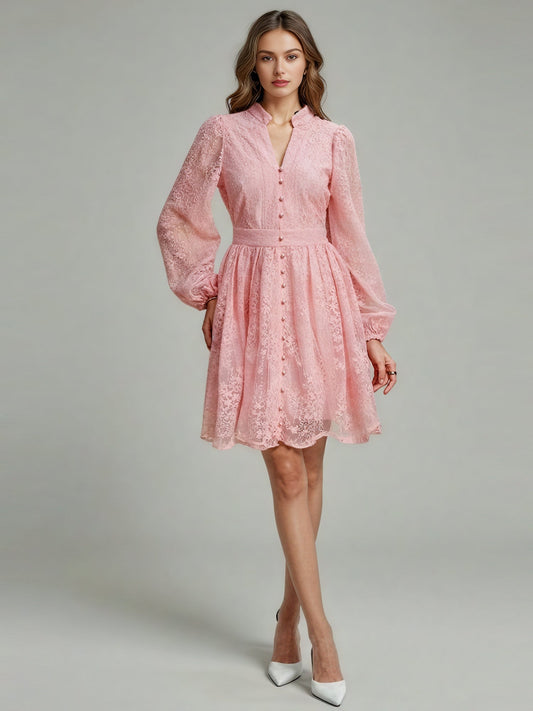 V - neck Solid Patchwork Mesh Short Dress - SISPELL