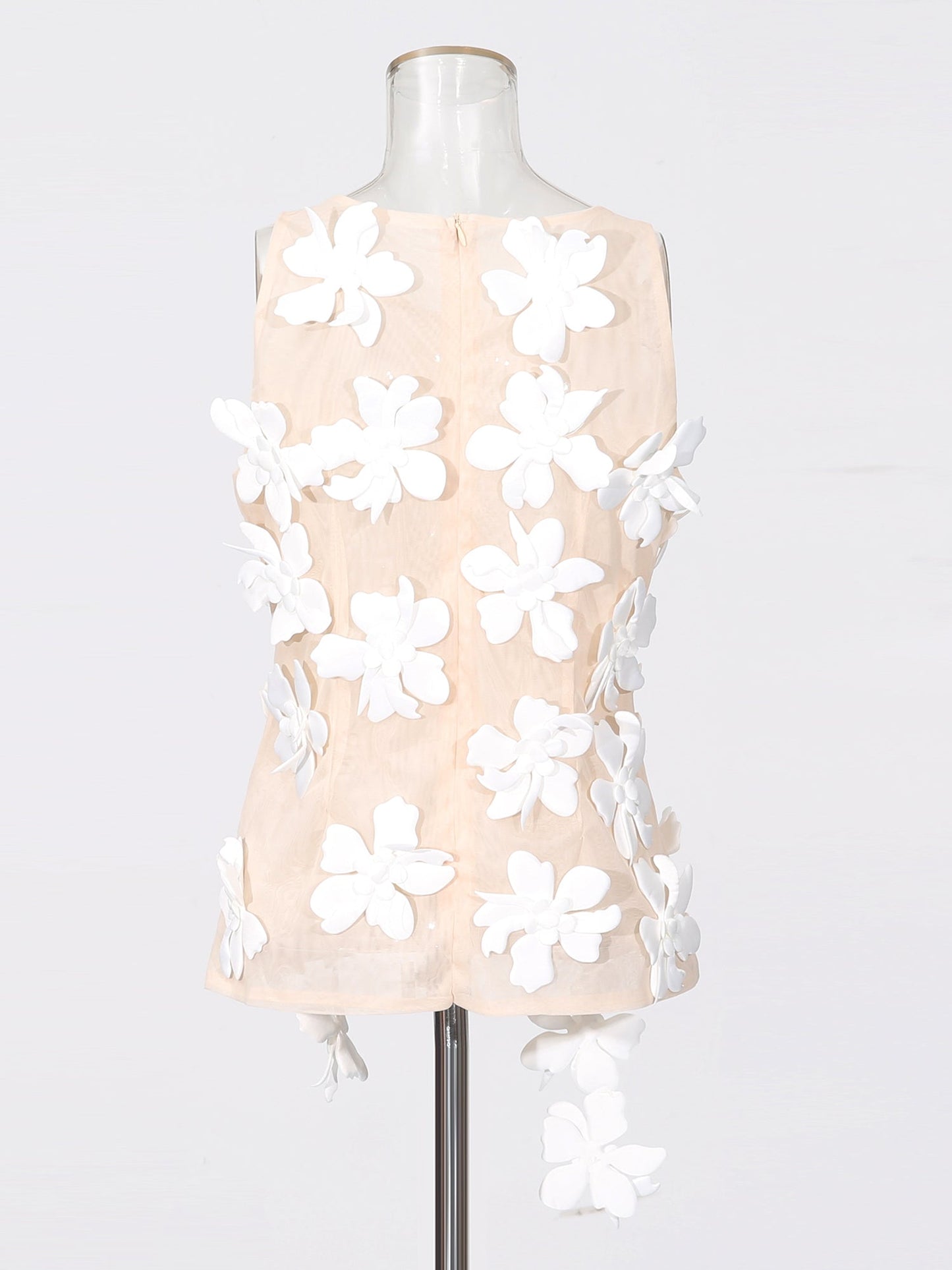 White 3D Floral Appliqué Sleeveless Top - SISPELL