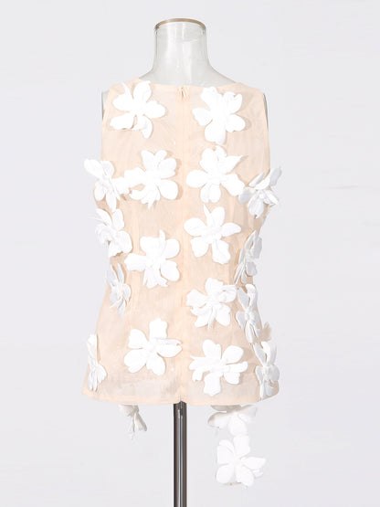 White 3D Floral Appliqué Sleeveless Top - SISPELL