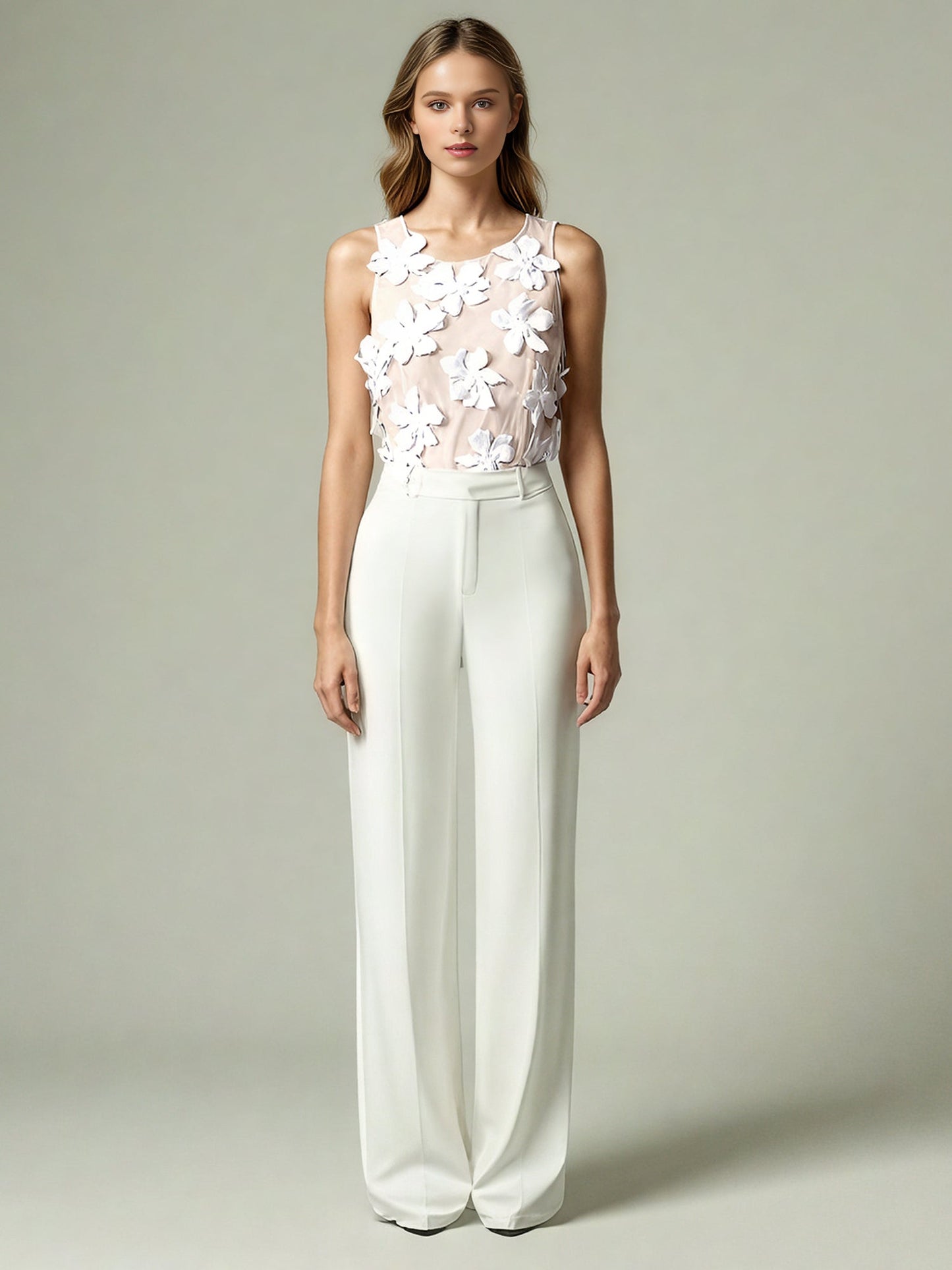 White 3D Floral Appliqué Sleeveless Top - SISPELL