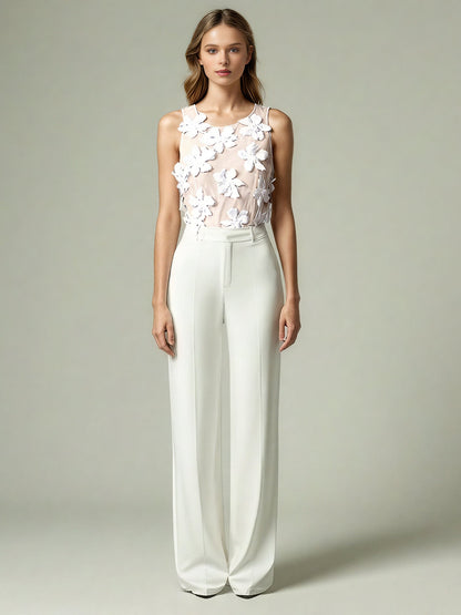 White 3D Floral Appliqué Sleeveless Top - SISPELL