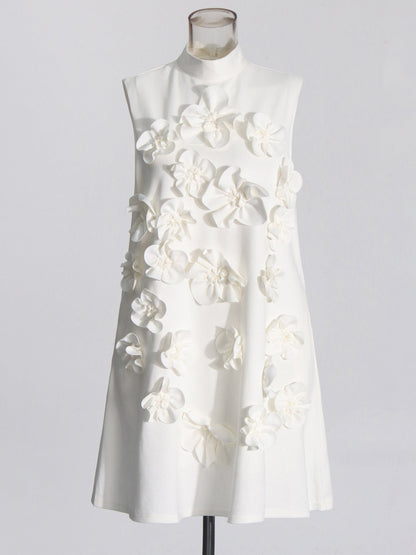 White 3D Floral High Neck Mini Dress - SISPELL