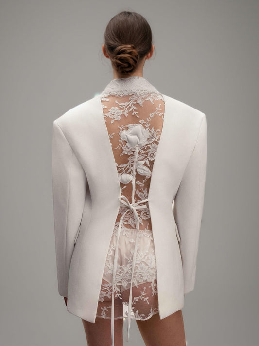 White Blazer with Lace Collar & Back Cutout Detail - SISPELL