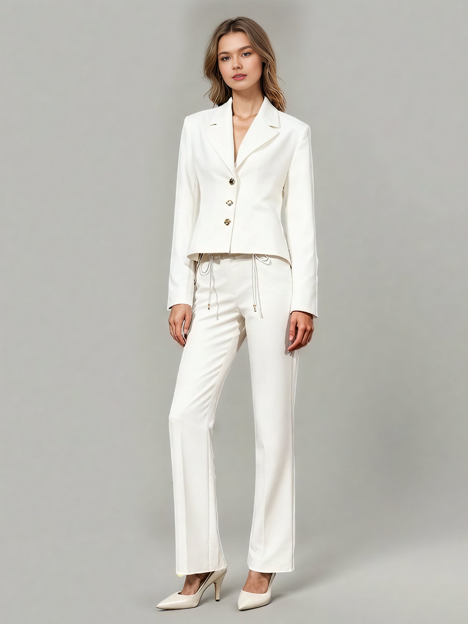 White Blazer with Unique Button & Drawstring Hem Detailing - SISPELL