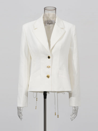White Blazer with Unique Button & Drawstring Hem Detailing - SISPELL