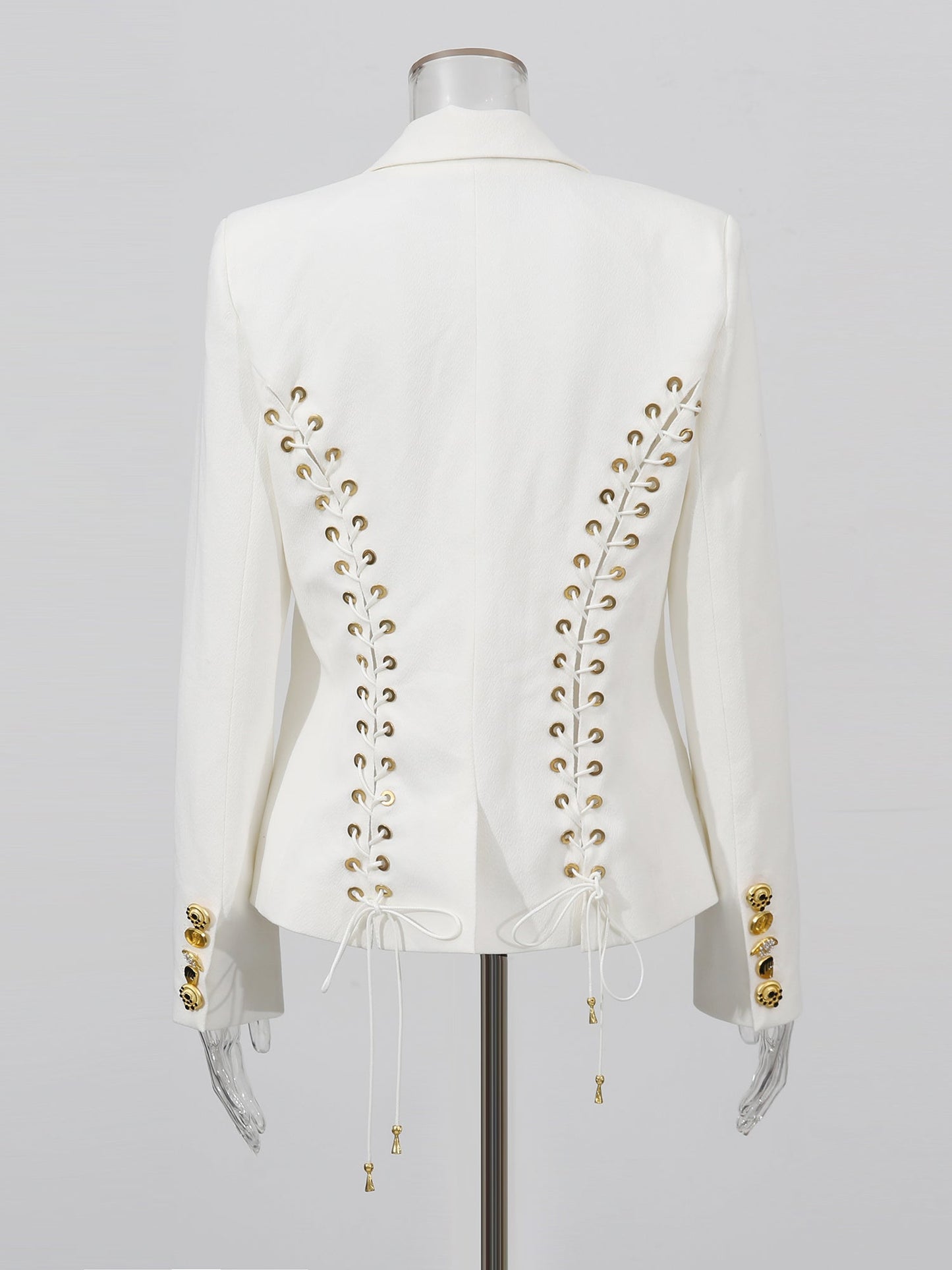 White Blazer with Unique Button & Drawstring Hem Detailing - SISPELL