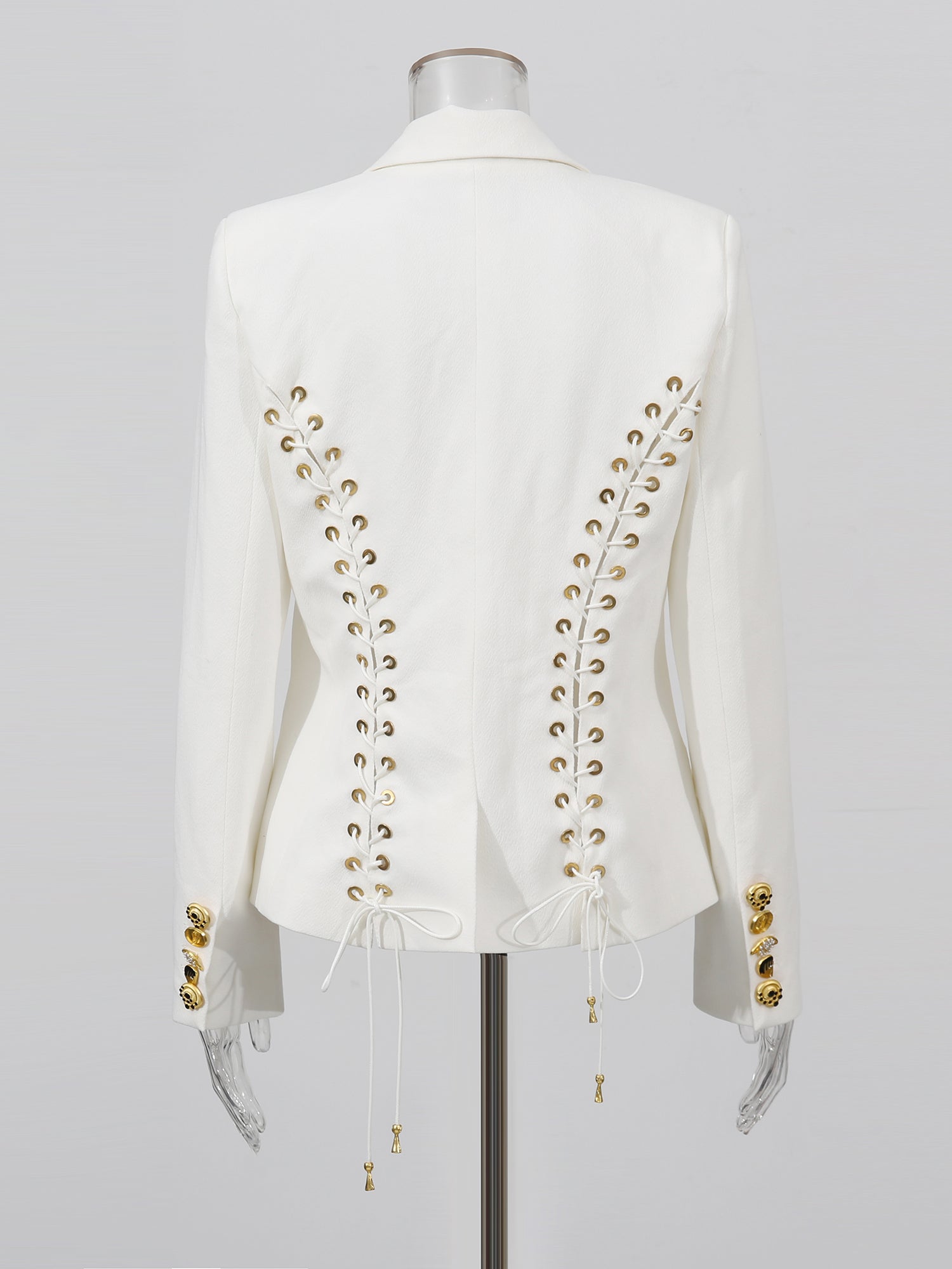 White Blazer with Unique Button & Drawstring Hem Detailing - SISPELL