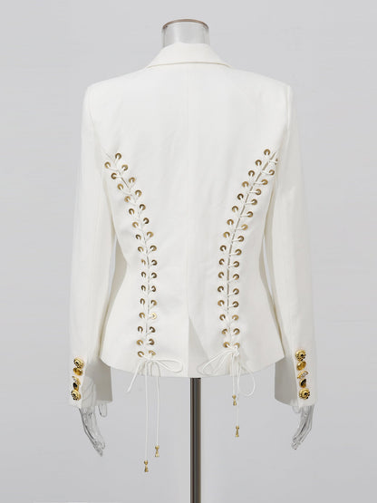 White Blazer with Unique Button & Drawstring Hem Detailing - SISPELL