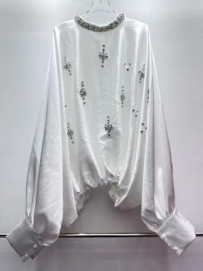 White Blouse with Rhinestone Floral & Batwing Sleeve Detail - SISPELL