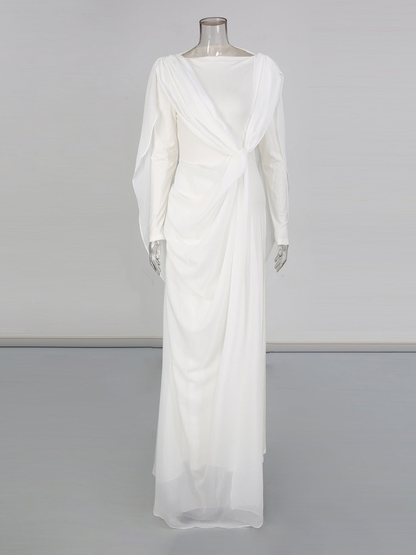 White Draped Maxi Dress with Flowy Sleeves - SISPELL