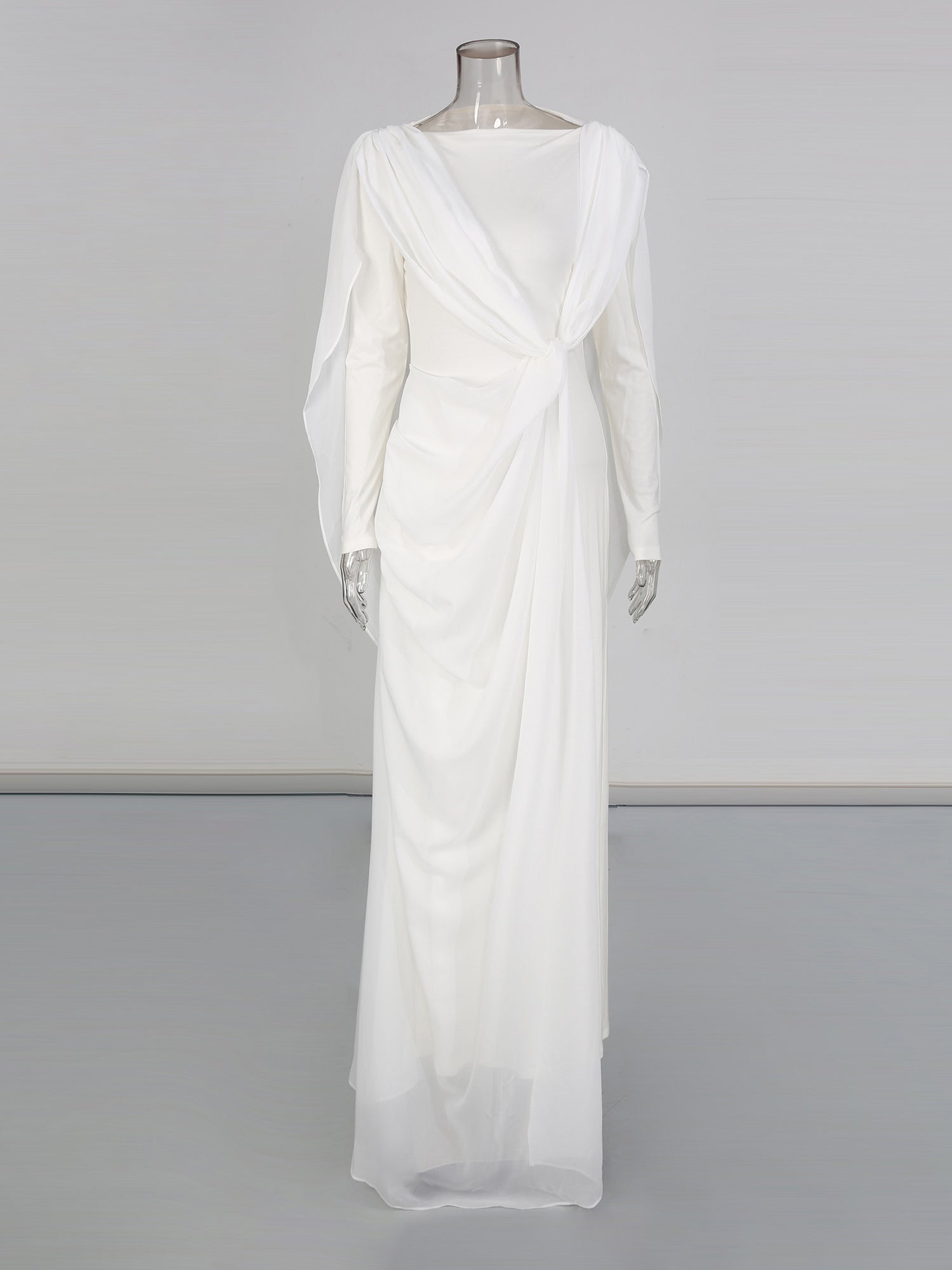 White Draped Maxi Dress with Flowy Sleeves - SISPELL