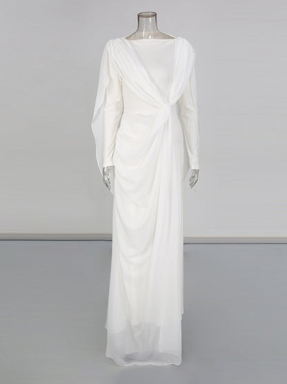 White Draped Maxi Dress with Flowy Sleeves - SISPELL