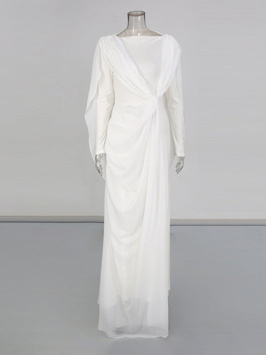 White Draped Maxi Dress with Flowy Sleeves - SISPELL
