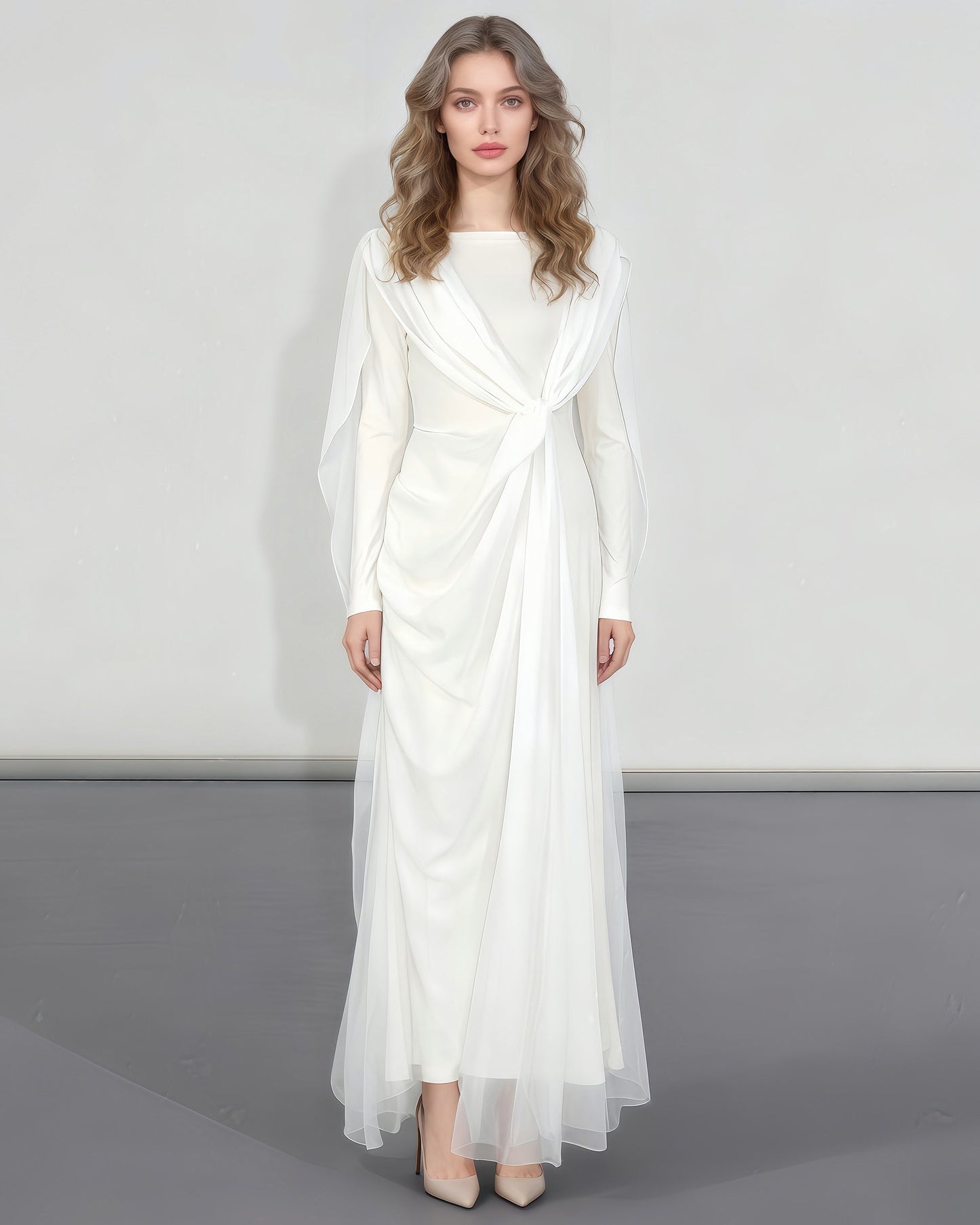 White Draped Maxi Dress with Flowy Sleeves - SISPELL