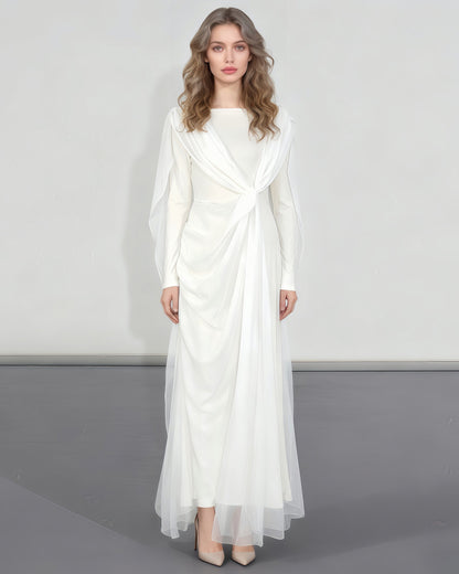 White Draped Maxi Dress with Flowy Sleeves - SISPELL