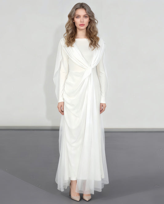 White Draped Maxi Dress with Flowy Sleeves - SISPELL