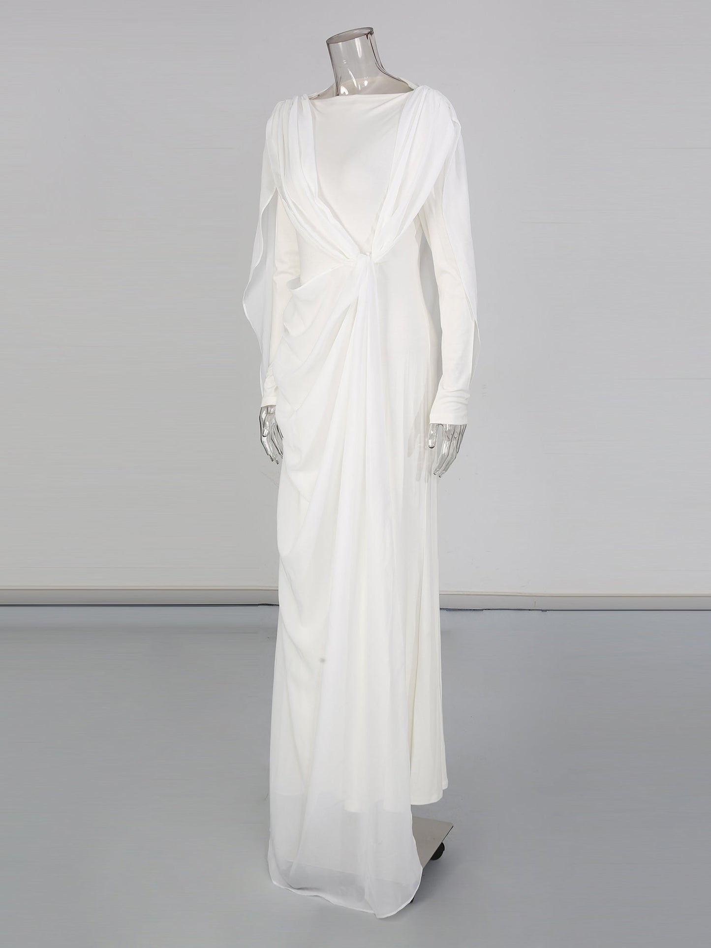 White Draped Maxi Dress with Flowy Sleeves - SISPELL