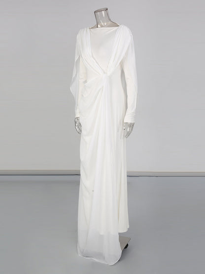 White Draped Maxi Dress with Flowy Sleeves - SISPELL