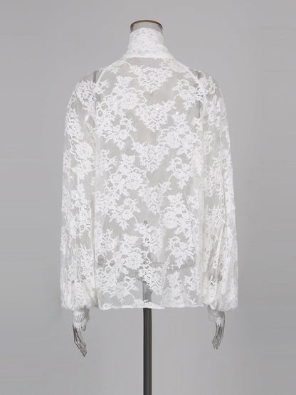 White Lace Bow Blouse & Wide - Leg Pants Two - Piece Set - SISPELL