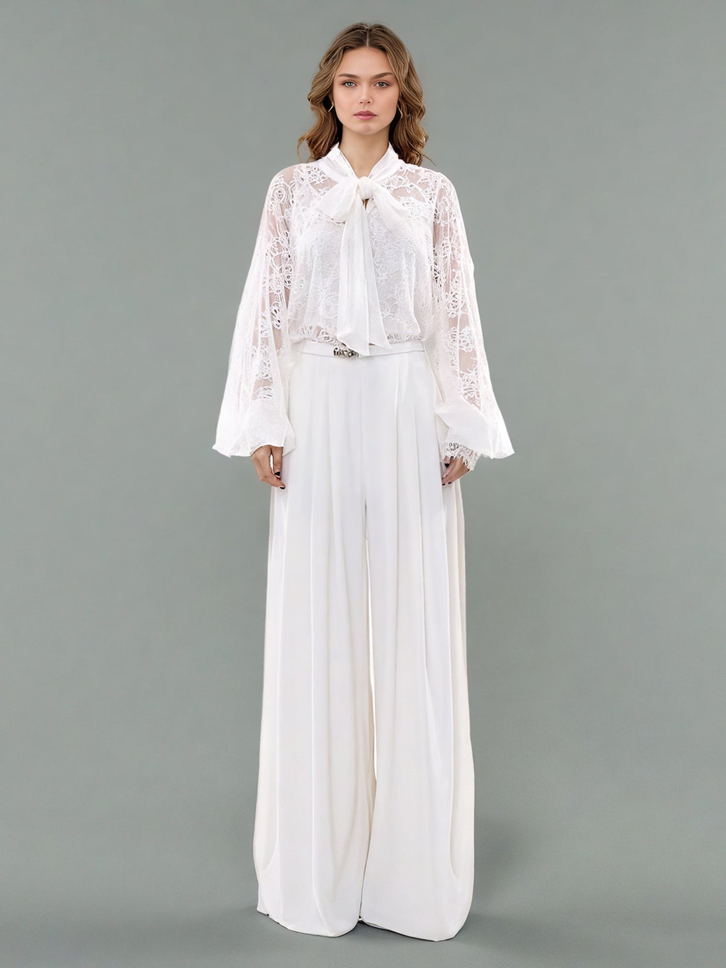White Lace Bow Blouse & Wide - Leg Pants Two - Piece Set - SISPELL