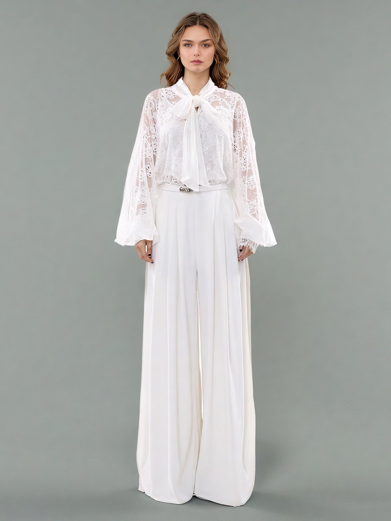 White Lace Bow Blouse & Wide - Leg Pants Two - Piece Set - SISPELL