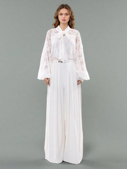 White Lace Bow Blouse & Wide - Leg Pants Two - Piece Set - SISPELL