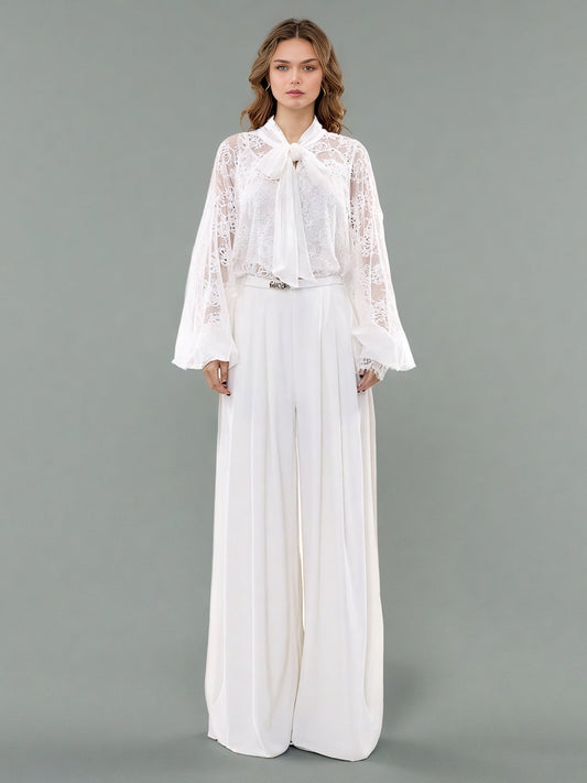 White Lace Bow Blouse & Wide - Leg Pants Two - Piece Set - SISPELL