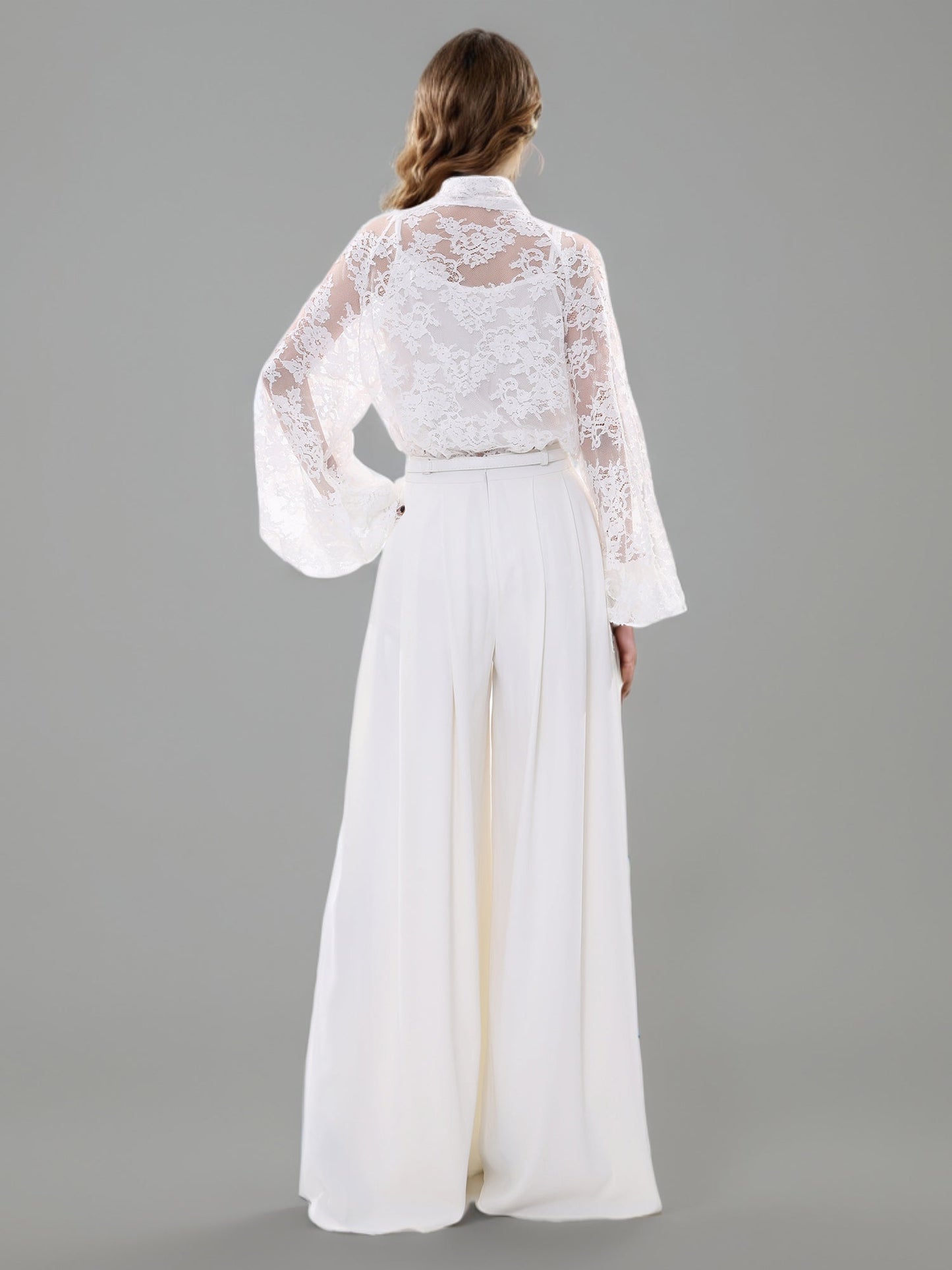 White Lace Bow Blouse & Wide - Leg Pants Two - Piece Set - SISPELL