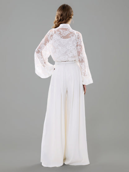 White Lace Bow Blouse & Wide - Leg Pants Two - Piece Set - SISPELL