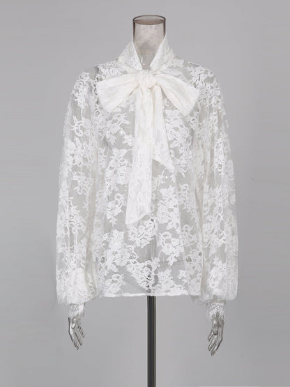 White Lace Bow Blouse & Wide - Leg Pants Two - Piece Set - SISPELL